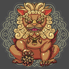 Realistic Detailed Hand Drawn Illustration Of Stylized Chinese Foo Dog Guardian Statue. Protection Symbol. Colorful Graphic Tattoo Style Image. T-shirt Print.
