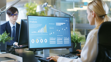 Wall Mural - In the Office Businesswoman at Her Desk, She's Using Personal Computer with Statistical Information Showing on It's Screen. Her Colleague Sets Opposite to Her.