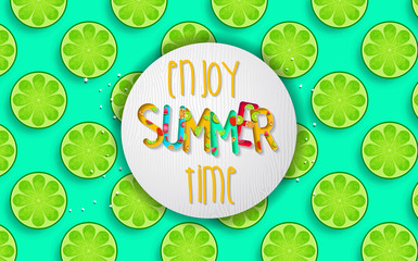 Wall Mural - Summer design vector banner with fruits background and exotic palm leaves, hibiscus flowers and Enjoy Summer Time typography.