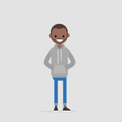 Young black character wearing grey hoodie and blue jeans. Casual daily style. Millennial lifestyle. Flat editable vector illustration, clip art