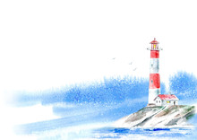 Landscape Of A Lighthouse And The Ocean And Sky.Sea Picture.Watercolor Hand Drawn Illustration.White Background.