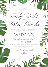 Wedding Floral Invitation, Invite Card. Vector Watercolor Style Exotic Palm Tree Green Leaves, Tropical Forest Greenery Herbs, Natural, Botanical Green Decorative Frame, Border. Delicate Layout Design
