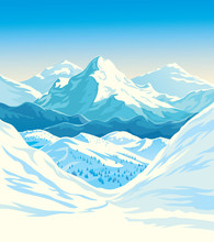 Winter Mountain Landscape With Steep Slopes Along The Edges. Vector Illustration.