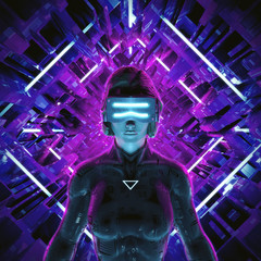 Wall Mural - virtual gamer woman / 3d illustration of female figure entering glowing virtual game environment
