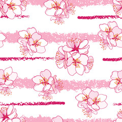 Wall Mural - vector seamless pattern with outline blooming apricot flower bunch and horizontal pink stripes the w