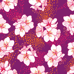 Wall Mural - vector seamless pattern with outline blooming apricot flower bunch in the purple background with dot