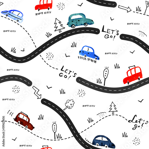 Foto-Schiebegardine Komplettsystem - Seamless pattern with small cars and road signs on white background (von Ruthenia Alba)