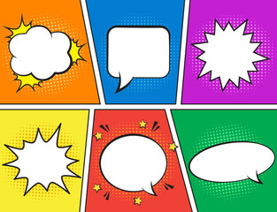 Wall Mural - retro comic empty speech bubbles set on colorful background. vector illustration, vintage design, po