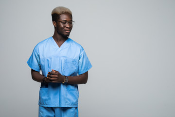 African-American black doctor man isolated white background.