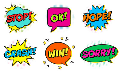 Wall Mural - retro comic colorful speech bubbles set on white background. expression text stop, ok, nope, crash, 