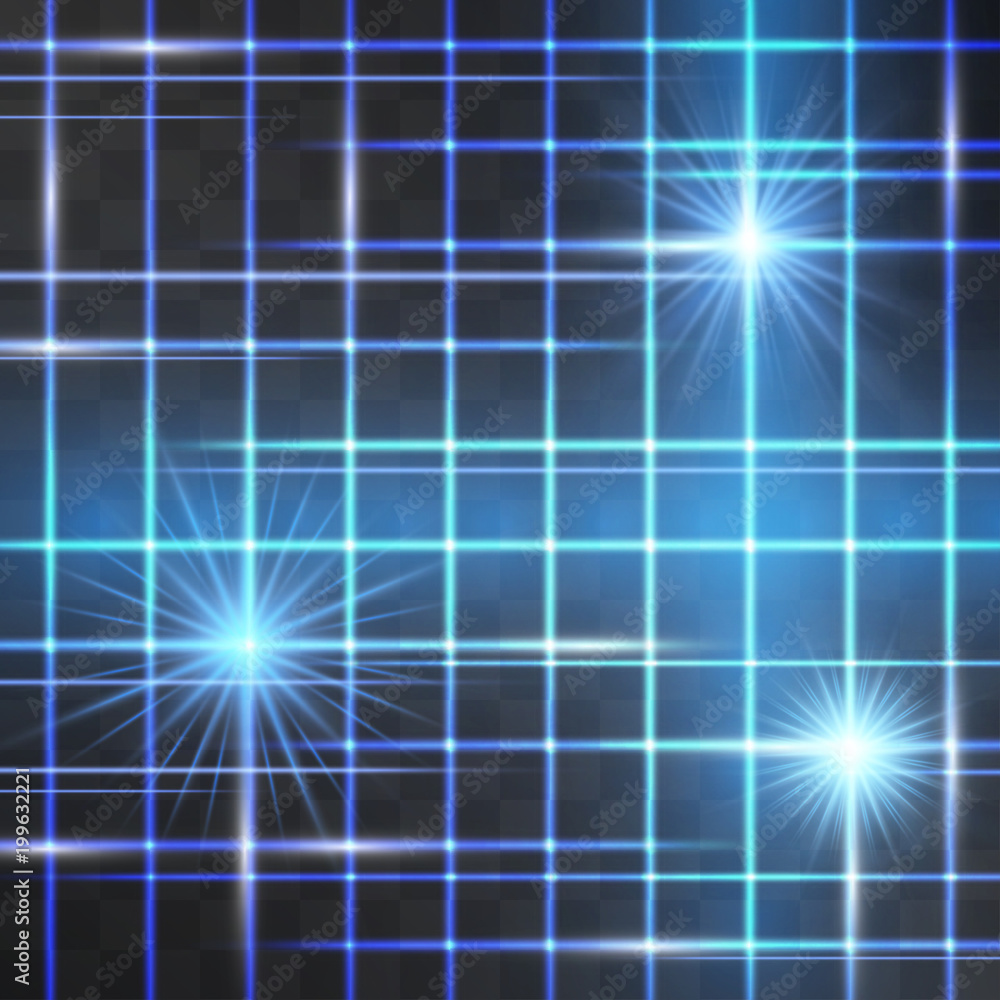 Shining blue neon laser grid on transparent background with star flares ...
