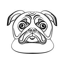   Pug Dog, Shows The Tongue. Linear Pattern, Icon. Black White. Vector Illustration.