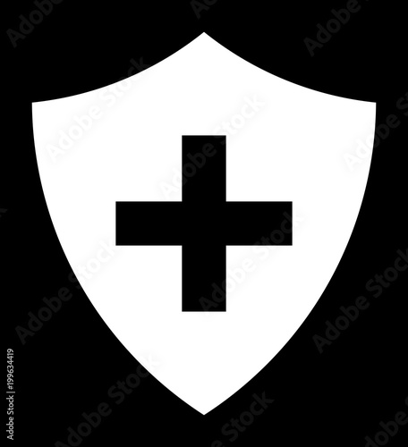 white immune system cross in a shield icon on black background buy this stock vector and explore similar vectors at adobe stock adobe stock immune system cross in a shield icon