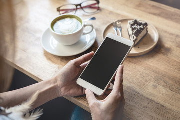 Young woman using smart phone in coffee shop