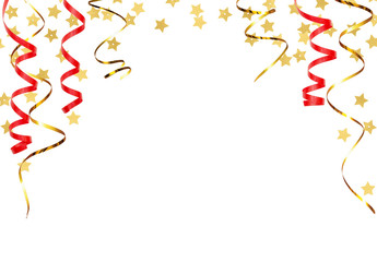 Festive background with twisted ribbons and golden star confetti