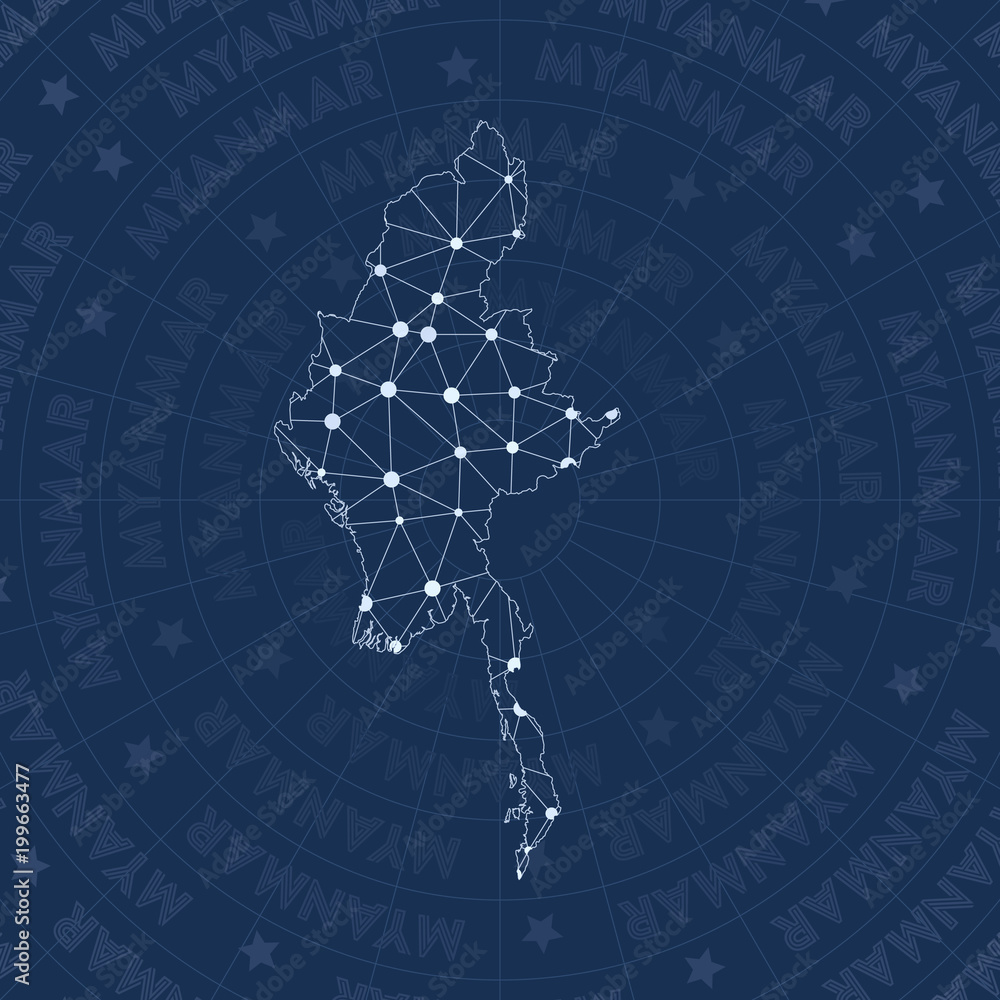 Myanmar Net Map Myanmar network, constellation style country map. Slightly space style ...