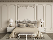 Classic Bedroom Furniture In Classic Interior.Walls With Mouldings,ornated Cornice