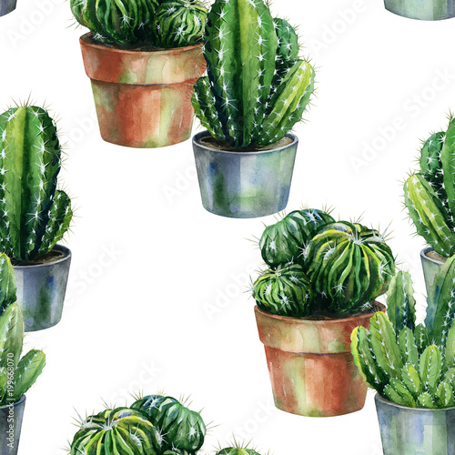 Seamless pattern with cacti watercolor. Cactus illustration can be used as pr...