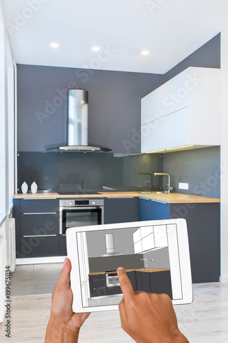 Business Hands Holding Tablet With Modern Kitchen Interior