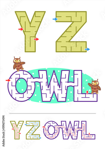 Easy Alphabet Maze Games For Kids Letters Y Z And As A Sample Word Maze Game Owl Make Your Own Word Mazes Using Letter Mazes Answers Included Stock Vector Adobe Stock