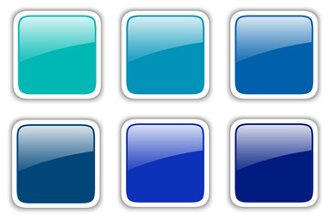 Aufkleber - Shiny buttons set, blue square vector badges.