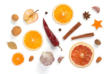 Poster - dried fruit and spices on white background