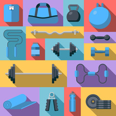 Flat design icons on fitness gym exercise equipment and healthy lifestyle exercise supplements