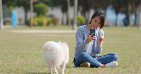 Wall Mural - Woman taking photo on her dog with cellphone