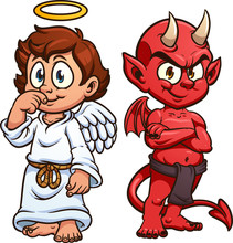 Cartoon Angel And Devil. Vector Clip Art Illustration With Simple Gradients. Each On A Separate Layer. 