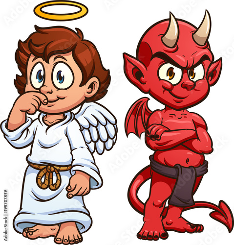 Cartoon angel and devil. Vector clip art illustration with simple