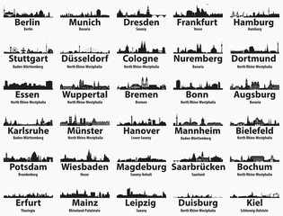 Fototapete - Germany largest cities skylines silhouettes vector set