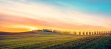 Beautiful Magical Landscape With A Field And A Line Of Cypress In Tuscany, Italy At Sunrise