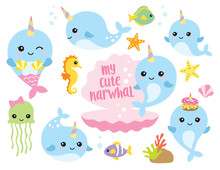 Vector Illustration Of Cute Baby Narwhal Or Whale Unicorn Characters With Fishes, Seahorse, Jellyfish, Starfishes, And Shells.
