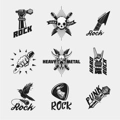 Wall Mural - Rock music icon set. Vintage black emblem collection isolated on white.