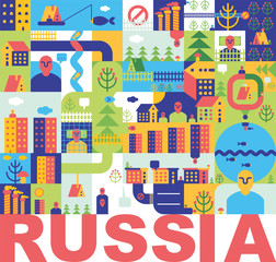 Russia City map Abstract. Russian Town background. Road and street. House and buildings. River and lake