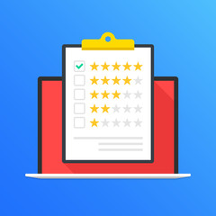 Wall Mural - Laptop and clipboard with rating stars. Five stars and green check mark in checklist. Customer review, quality control, customer service, client satisfaction concepts. Flat design. Vector illustration