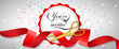 You are invited festive banner design with confetti, text on white circle and gold scissors cutting red ribbon. Template can be used for signs, announcements, posters.