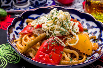 Sticker - fried lagman on plate