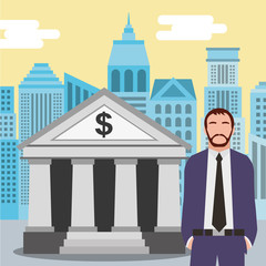 businessman standing at the bank building finance institution with city background vector illustration