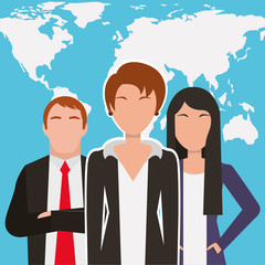 Poster - people business workers characters with world map background vector illustration