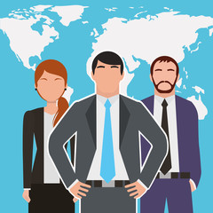 Poster - people business workers characters with world map background vector illustration