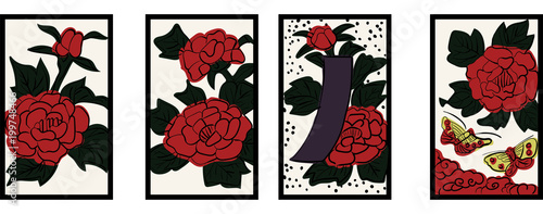 花札のイラスト 6月牡丹 牡丹に蝶 日本のカードゲーム ベクターデータ 手描き フリーハンド Vecteur Stock Adobe Stock