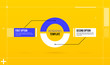 Horizontal pie infographics template with two segments in colorful hi-tech style on bright yellow background