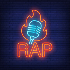 Rap neon word and microphone in flame outline. Neon sign, night bright advertisement, colorful signboard, light banner. Vector illustration in neon style.