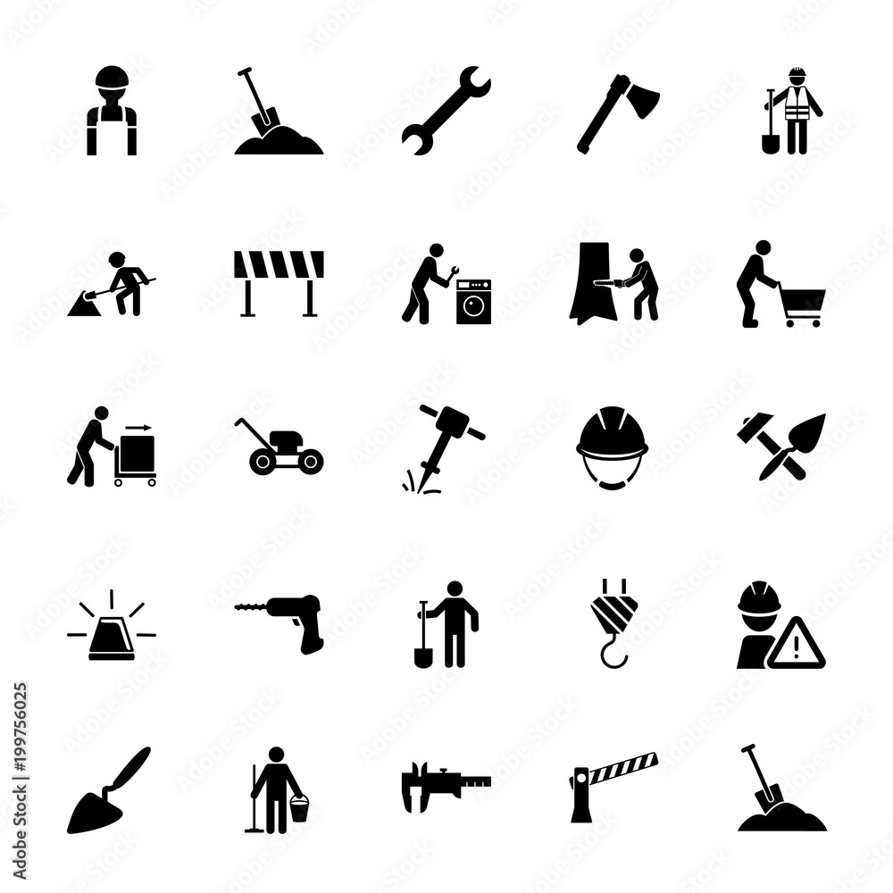 Icon set of blue collar work symbols. Manual labor collection, job ...