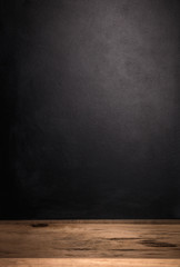 Poster - Wooden table and dark background. Retro backdrops for your design. Product shelf.