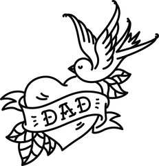 Wall Mural - A tattoo with the inscription of Dad. Heart tattoo with a birdie. Tattoo in the style of the American old school. Vector flat tattoo. The illustration is isolated on a white background. Congratulation