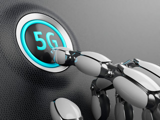 Poster - Robotic hand, presses the start button of the 5G network. 3D illustration.