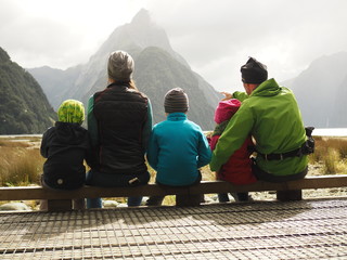 Family looking at mountains