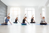 Yoga, fitness, sport and healthy lifestyle concept. Group of men and woman doing pilates exercises in gym or studio
